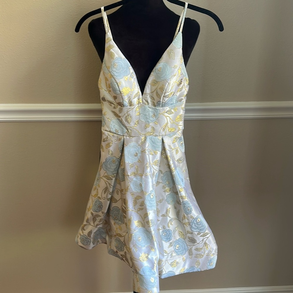 B Darlin White and Light Blue Floral Fit & Flare Dress with Gold Accents